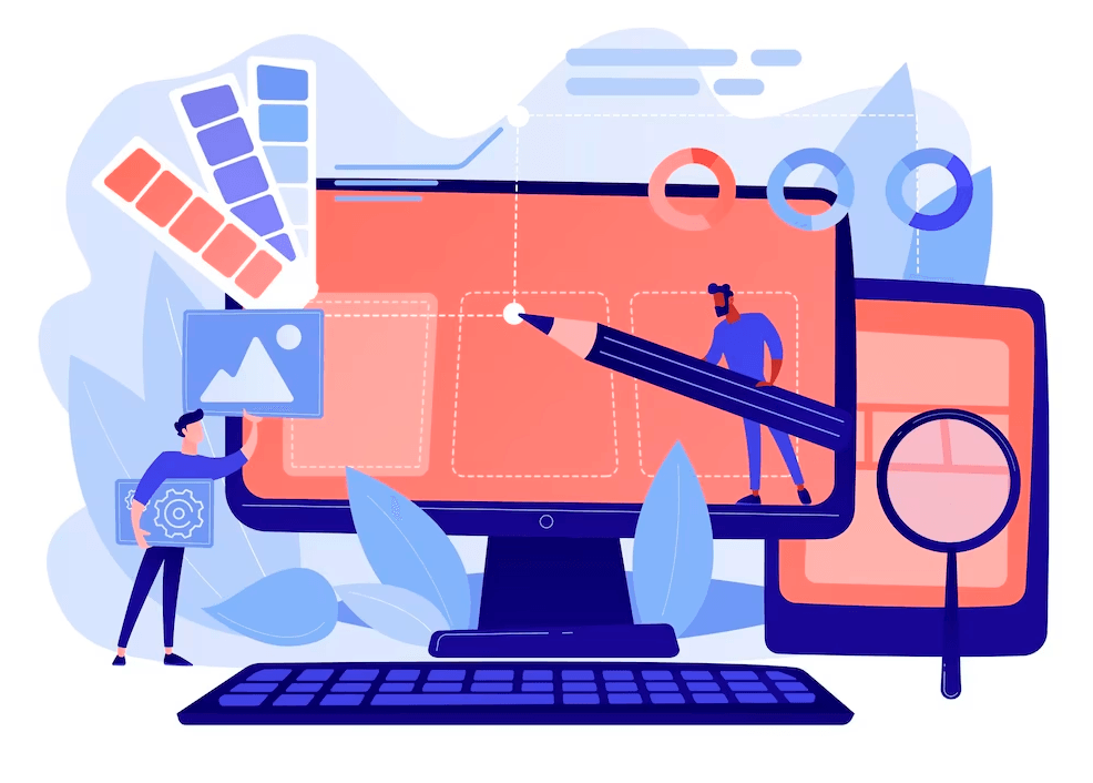 Website redesign mockups on a studio desk