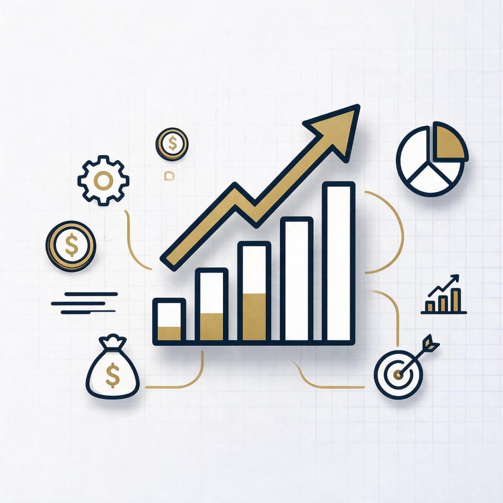 Illustration of rising revenue with charts, coins, and a gold growth arrow